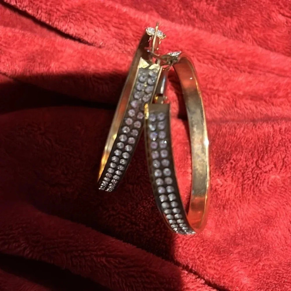 Vintage 18  carat Seoul Stones gold tone large bling hoops earrings - Picture 10 of 15